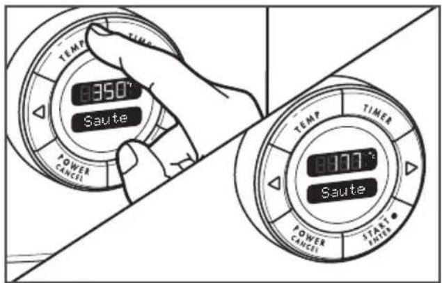 TEMP TUR 8350° Saute POWER CANCEL TEMP TIMER 8307° Saute POWER CANCEL START NOTE