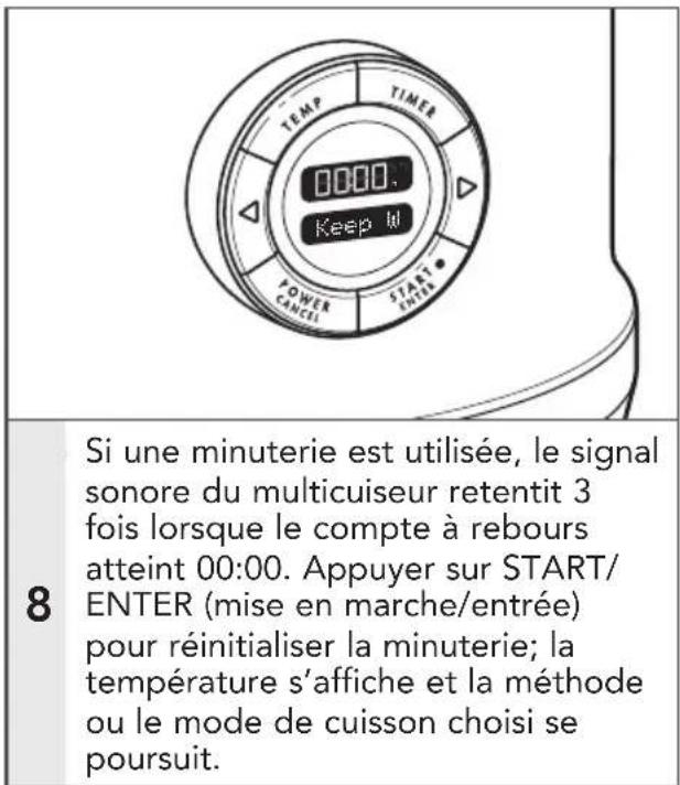 TEMP TIMER 0000. Keep W TOWER CANCEL START INTER 8 Si une minuterie est utilisée, le signal sonore du multicuiseur retentit 3 fois lorsque le compte à rebours atteint 00:00. Appuyer sur START/ ENTER (mise en marche/entrée) pour réinitialiser la minuterie; la température s'affiche et la méthode ou le mode de cuisson choisi se poursuit.