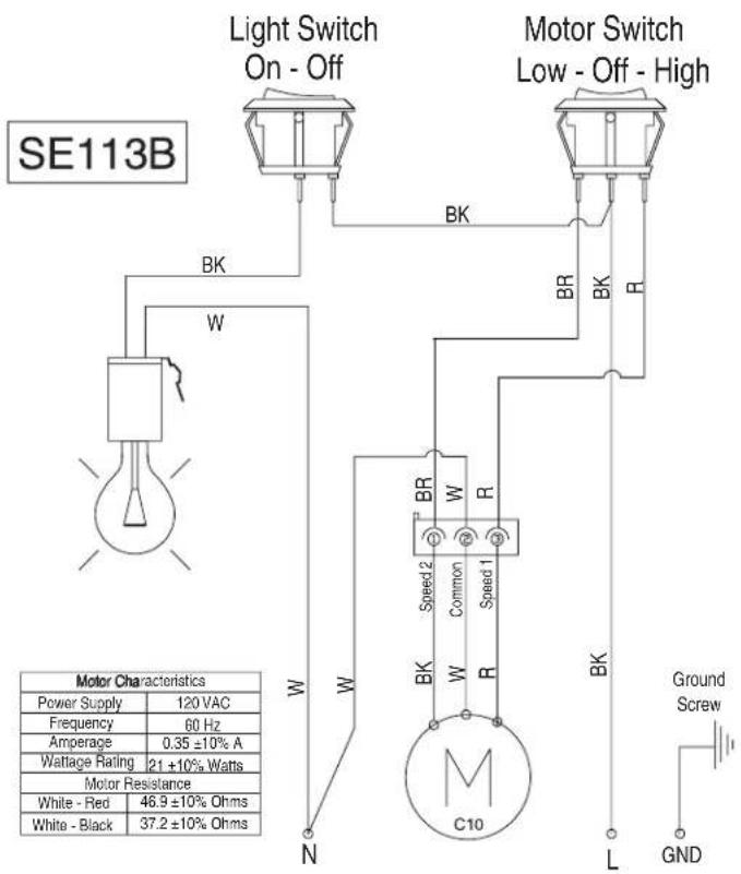 SE113B Light Switch On - Off Motor Switch Low - Off - High BK BR W R BR W R BR W SPEED 2 Common Speed 1 M C10 N L Ground Screw GND Motor Characteristics Power Supply 120 VAC Frequency 60 Hz Amperage 0.35 ±10% A Wattage Railing 21 ±10% Watts Motor Resistance White - Red 46.9 ±10% Ohms White - Black 37.2 ±10% Ohms
