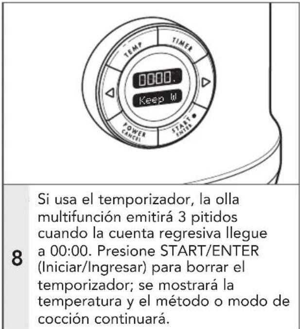 TEMP TIMER 0000. Keep W TOWER CANCEL START 8 Si usa el temporizador, la olla multifunción emitirá 3 pitidos cuando la cuenta regresiva llegue a 00:00. Presione START/ENTER (Iniciar/Ingresar) para borrar el temporizador; se mostrará la temperatura y el método o modo de cocción continuará.