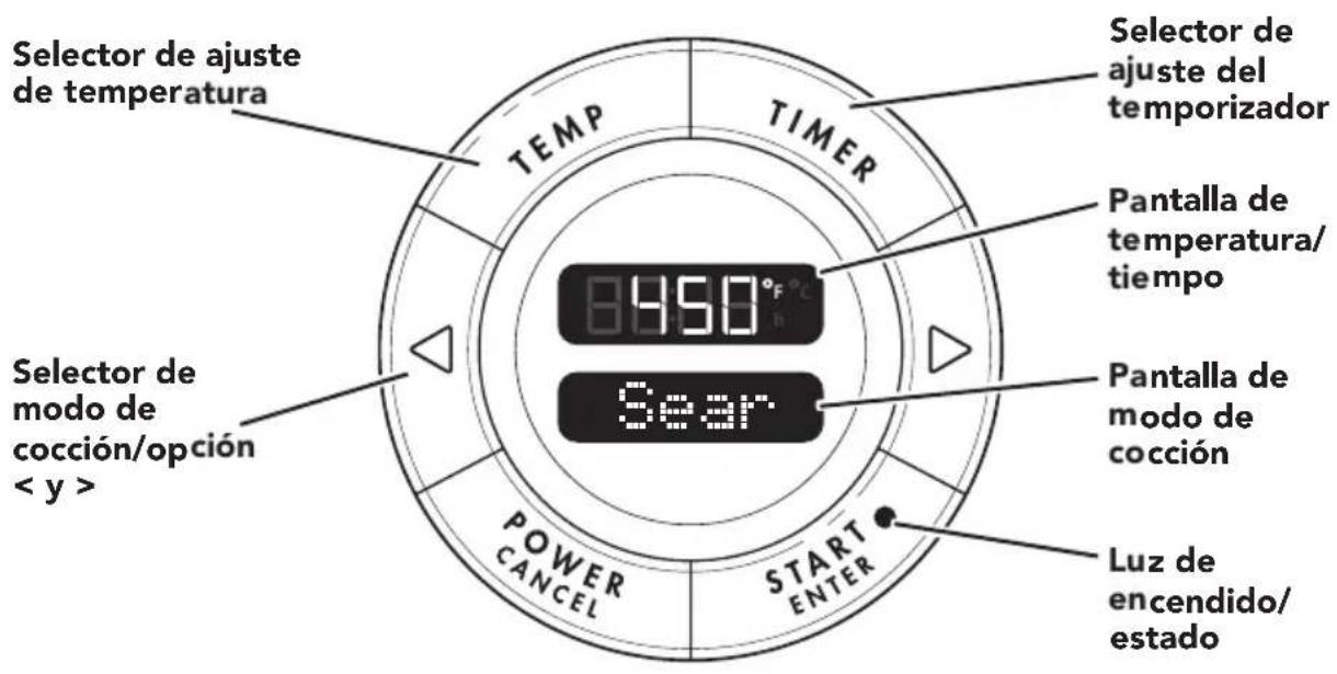 Selector de ajuste de temperatura TEMP TIMER 8450°F°C Pantalla de temperatura/ tiempo Sear Pantalla de modo de cocción Luz de encendido/ estado Selector de modo de cocción/opción < y > POWER CANCEL START ENTER