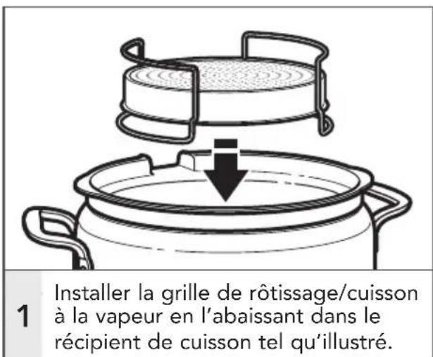 1 Installer la grille de rôtissage/cuisson à la vapeur en l'abaissant dans le récipient de cuisson tel qu'illustré.