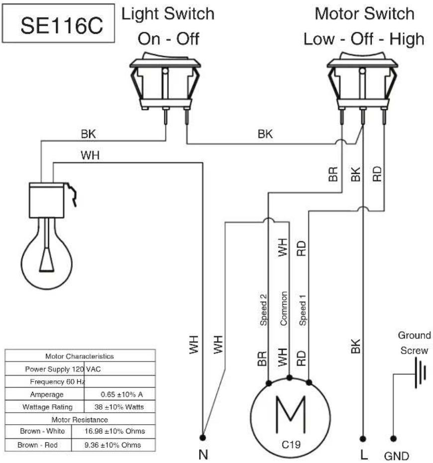 SE116C Light Switch On - Off Motor Switch Low - Off - High BK WH BR BK RD WH WR BR Speed 2 Common Speed 1 M C19 N L Ground Screw GND Motor Characteristics Power Supply 120 VAC Frequency 60 Hz Amperage 0.65 ±10% A Wattage Rating 38 ±10% Watts Motor Resistance Brown - White 16.98 ±10% Ohms Brown - Red 9.36 ±10% Ohms