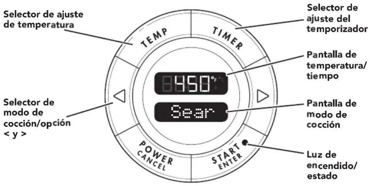 Selector de ajuste de temperatura TEMP TIMER 8450°F Pantalla de temperatura/ tiempo Sear Pantalla de modo de cocción Luz de encendido/ estado Selector de modo de cocción/opción < y > POWER CANCEL START ENTER