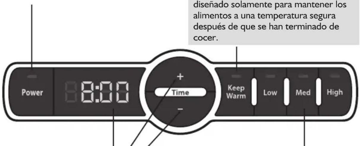 disenado solamente para mantener los alimentos a una temperatura segura después de que se han terminado de cocer. Power 8:00 Time Keep Warm Low Med High