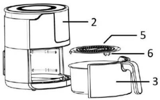 Technical diagram of a portable air fryer with labeled parts including lid, handle, and interior components