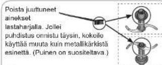 Poista juuttuneet ainekset lastaharjalla. Jollei puhdistus onnistu täysin, kokeile käyttää muuta kuin metallikärkistä esinettä. (Puinen on suositeltava.)
