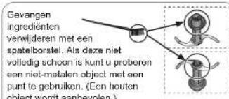 Gevangen ingrediënten verwijderen met een spatelborstel. Als deze niet volledig schoon is kunt u proberen een niet-metalen object met een punt te gebruiken. (Een houten object wordt aanbevolen.)