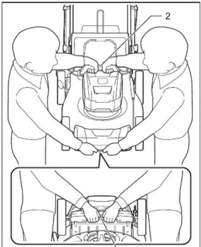 Technical diagram showing two workers assembling a vehicle component with labeled parts and assembly steps