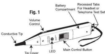Fig. 1 Battery Compartment Recessed Tabs For Headset or Telephone Test Set Volume Control Conductive Tip Tip Cover LED Main Control Button