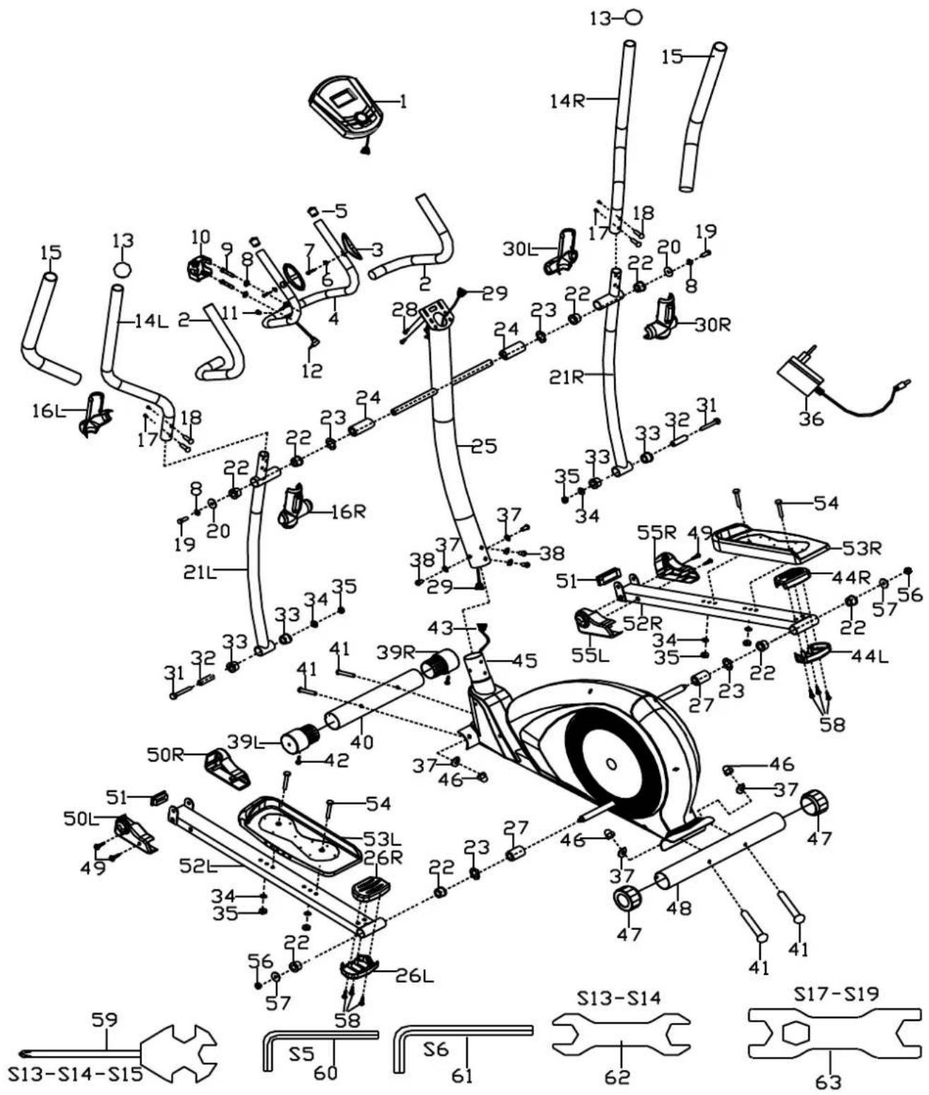 Technical diagram of a mechanical assembly with numbered components and labeled parts, including sensors, actuators, and wiring.