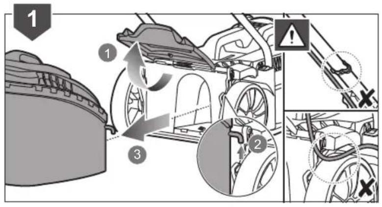 Diagram illustrating vehicle wheel assembly and safety warning, showing steps from component 1 to final states with warning symbols.