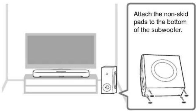 Attach the non-skid pads to the bottom of the subwoofer.