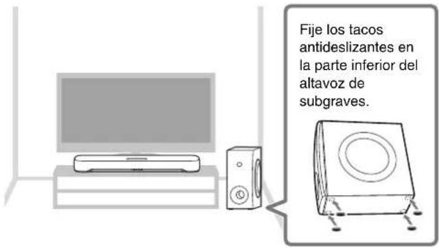 Fije los tacos antideslizantes en la parte inferior del altavoz de subgraves.