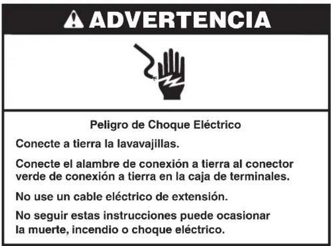 ADVERTENCIA Peligro de Choque Eléctrico Conecte a tierra la lavavajillas. Conecte el alambre de conexión a tierra al conector verde de conexión a tierra en la caja de terminales. No use un cable eléctrico de extensión. No seguir estas instrucciones puede ocasionar la muerte, incendio o choque eléctrico.