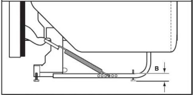 Technical diagram showing a mechanical assembly with labeled component B and directional arrows indicating motion or force.