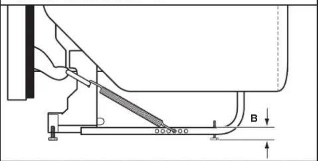 Technical diagram showing a mechanical assembly with labeled component B and directional arrows indicating movement or force.