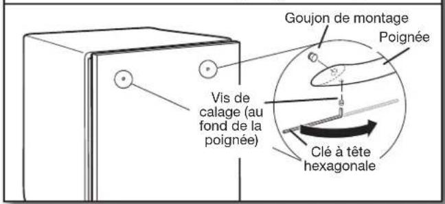 Goujon de montage Poignée Vis de calage (au fond de la poignée) Clé à tête hexagonale