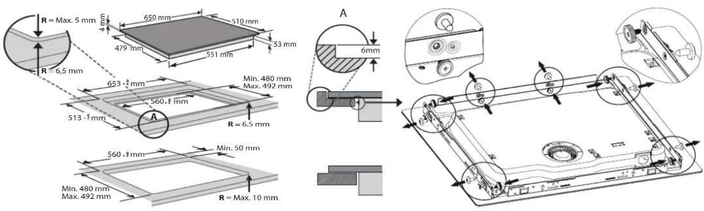R = Max. 5 mm 4 mm 650 mm 510 mm 479 mm 551 mm 53 mm R = 6,5 mm 653 +2 mm Min. 480 mm Max. 492 mm 513 -2 mm 560,2 mm A R = 6.5 mm 560,2 mm Min. 50 mm Min. 480 mm Max. 492 mm R = Max. 10 mm A 6mm