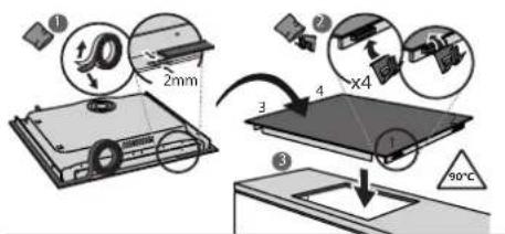 Diagram illustrating a mechanical assembly process with labeled parts and dimensions, including a 2mm component and a 90°C temperature indicator.