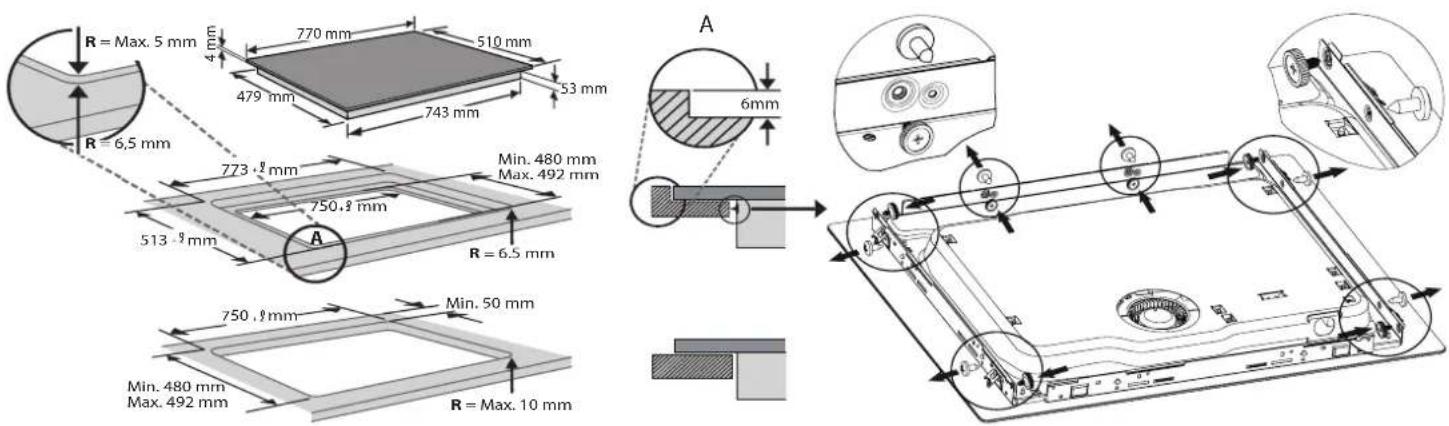 R = Max. 5 mm 4 mm 770 mm 510 mm 479 mm 743 mm 53 mm R = 6,5 mm 773,8 mm Min. 480 mm Max. 492 mm 750,8 mm A R = 6,5 mm 750,8 mm Min. 50 mm 750,8 mm R = Max. 10 mm A 6mm