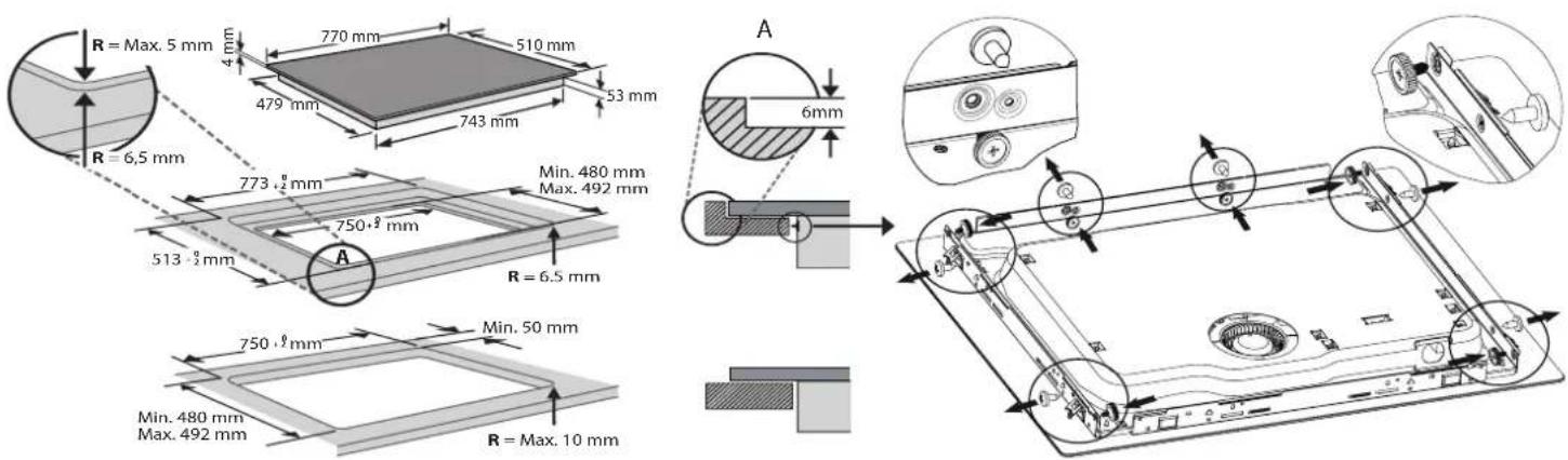 R = Max. 5 mm 4 mm 770 mm 510 mm 479 mm 743 mm 53 mm R = 6,5 mm 773 + 8 mm Min. 480 mm Max. 492 mm 513 - 2 mm 750 + 9 mm R = 6,5 mm 750 + 8 mm Min. 50 mm Min. 480 mm Max. 492 mm R = Max. 10 mm A 6mm A