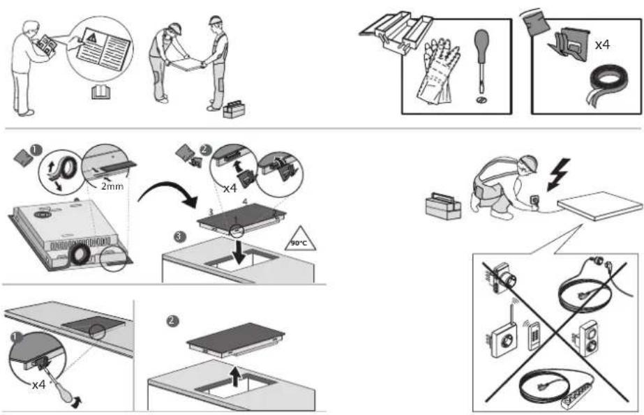 Technical diagram illustrating the installation and assembly steps of a device, including photo, magnification, cooling, and circuitry.