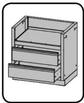 3D diagram of a multi-compartment storage cabinet with three drawers and one drawer (no text or labels)