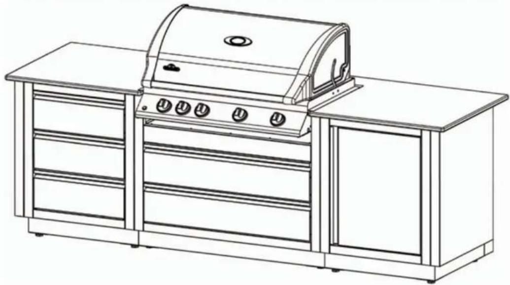 Line drawing of a modern outdoor grill with a curved top and side cabin (no text or symbols)