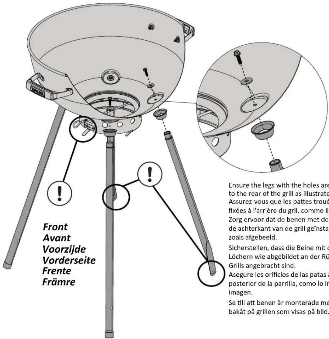 Front Avant Voorzijde Vorderseite Frente Främre Ensure the legs with the holes are to the rear of the grill as illustrate Assurez-vous que les pattes troué fixées à l'arrière du grill, comme ill Zorg ervoor dat de benen met de de achterkant van de grill geïnstal zoals afgebeeld. Sicherstellen, dass die Beine mit d Löchern wie abgebildet an der Rü Grills angebracht sind. Asegure los orificios de las patas a posterior de la parrilla, como lo in imagen. Se till att benen är monterade me bakåt på grillen som visas på bild.