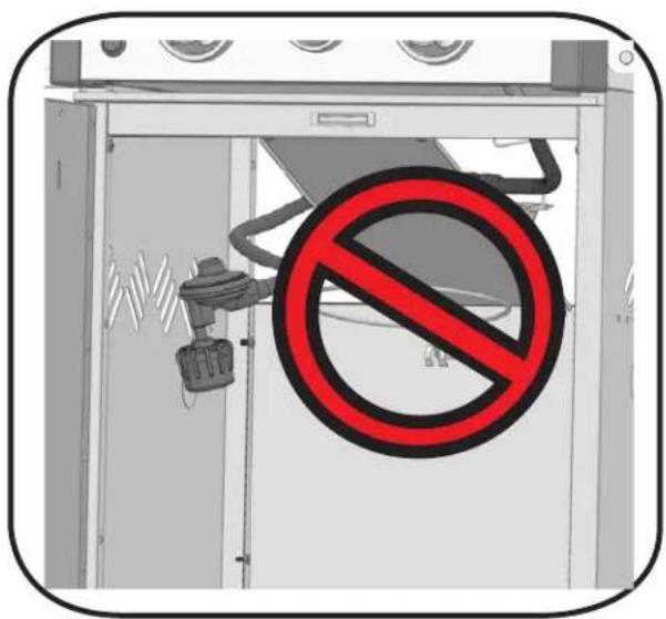 Safety warning sign with red prohibition symbol inside a kitchen appliance, indicating no disinfection