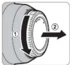 Diagram of a mechanical component with numbered parts and directional arrows indicating motion or flow.