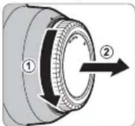 Diagram of a mechanical component with numbered parts and directional arrow indicating rotation or movement