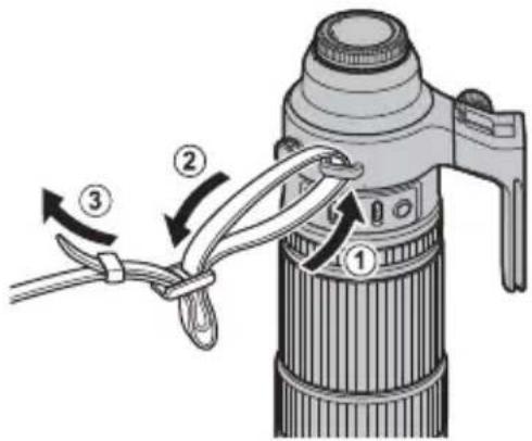 Diagram showing a camera with three labeled parts: tip, handle, and grip, illustrating the process of lifting or adjusting a component.