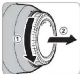 Diagram of a mechanical component with numbered parts and directional arrow indicating rotation or movement