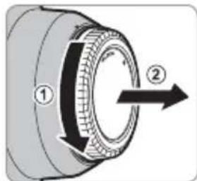 Diagram of a mechanical component with numbered parts and directional arrow indicating rotation or movement