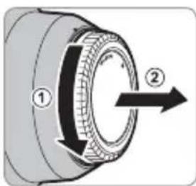 Diagram of a mechanical component with numbered parts and directional arrow indicating rotation or movement
