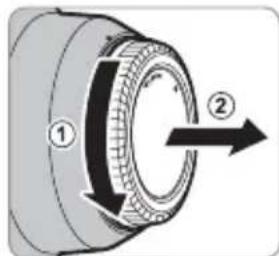 Diagram of a mechanical component with numbered parts and directional arrow indicating rotation or movement