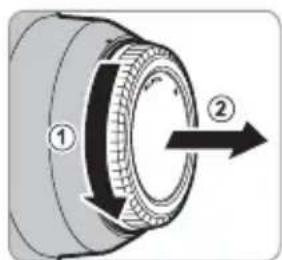 Diagram of a mechanical component with numbered parts and directional arrow indicating rotation or movement