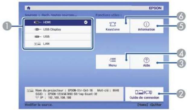 EPSON Sources : Reck, toutes sources... HDMI USB Display USB LAN Fonctions utiles : Keystone information Menu Aide Nom du projecteur : EPSON-Str-Cnt-16 Mot-clé : 8640 SSID : EPSON-1234567850-String-Count-32 IP : 192.109.109.100 Guide de connexion Modifier la source. [Home] : Quitter