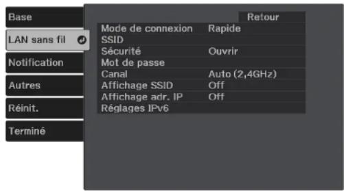 Base LAN sans fil Notification Autres Réinit. Terminé Mode de connexion Rapide SSID Sécurité Ouvrir Mot de passe Canal Auto (2,4GHz) Affichage SSID Off Affichage adr. IP Off Réglages IPv6 Retour