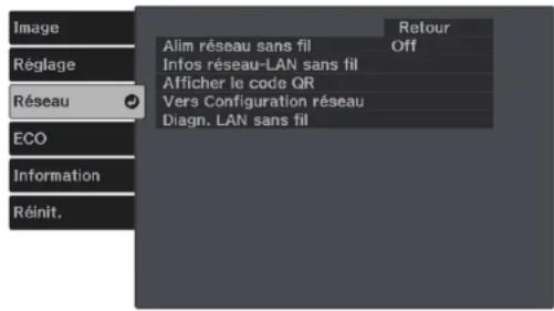 Image Réglage Réseau ECO Information Réinit. Alim réseau sans fil Infos réseau-LAN sans fil Afficher le code QR Vers Configuration réseau Diagn. LAN sans fil Off Retour