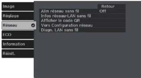 Image Réglage Réseau ECO Information Réinit. Alim réseau sans fil Infos réseau-LAN sans fil Afficher le code QR Vers Configuration réseau Diagn. LAN sans fil Retour Off