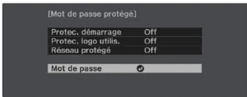 [Mot de passe protégé] Protec. démarrage Off Protec. logo utilis. Off Réseau protégé Off Mot de passe