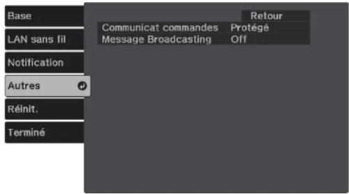 Base LAN sans fil Notification Autres Réinit. Terminé Retour Communicat commandes Protégé Message Broadcasting Off