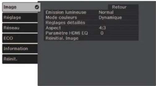 Image Réglage Réseau ECO Information Réinit. Emission lumineuse Normal Mode couleurs Dynamique Réglages détaillés Aspect 4:3 Paramètre HDMI EQ 0 Reinitial. Image Retour