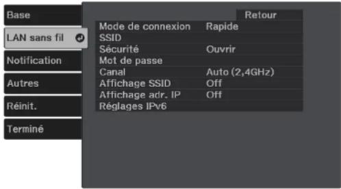 Base LAN sans fil Notification Autres Réinit. Terminé Mode de connexion Rapide SSID Sécurité Ouvrir Mot de passe Canal Auto (2,4GHz) Affichage SSID Off Affichage adr. IP Off Réglages IPv6 Retour