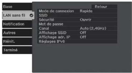 Base LAN sans fil Notification Autres Réinit. Terminé Mode de connexion Rapide SSID Sécurité Ouvrir Mot de passe Canal Auto (2,4GHz) Affichage SSID Off Affichage adr. IP Off Réglages IPv6 Retour