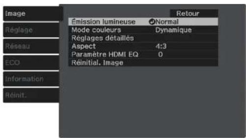 Image Réglage Réseau ECO Information Réinit. Émission lumineuse Normal Mode couleurs Dynamique Réglages détaillés Aspect 4:3 Paramètre HDMI EQ 0 Réinitial. Image