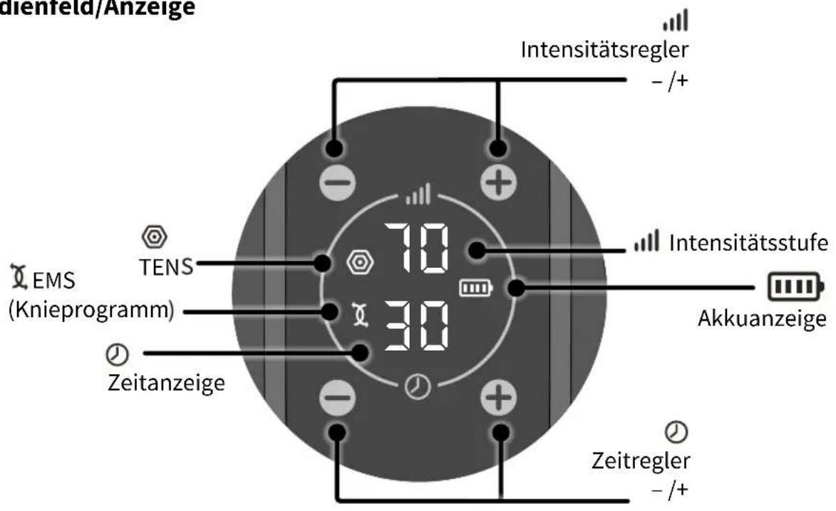 dienfeld/Anzeige Intensitätsregler -/+ EMS (Knieprogramm) TENS 30 30 Zeitanzeige Intensitätsstufe Akkuanzeige Zeitregler -/+
